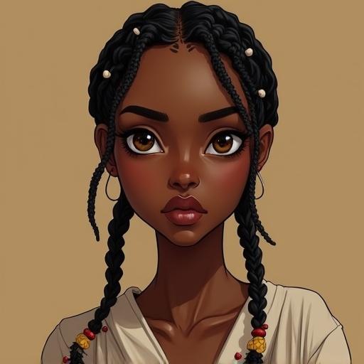 A slim African woman with short Fulani braids with beads. Brown eyes and a round-oval face. Small eyes, moderately shaped nose, slightly plump lips. Wears pajamas with a serious expression. Realistic style with thin eyebrows.