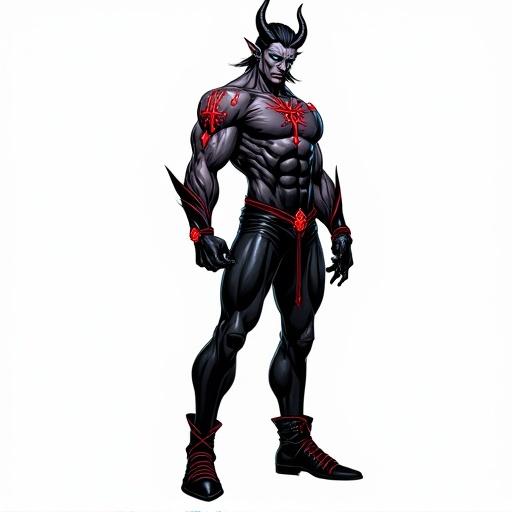 Single full-body image of a muscular male demon named Belphegor. Demon has black hair icy blue eyes. He wears tight black leather clothing with red lines on sleeves pants and boots. Forearms are well-developed and muscular. Glowing ancient symbols are lightly tattooed on skin. Pure white background. Comic book style clean lighting.