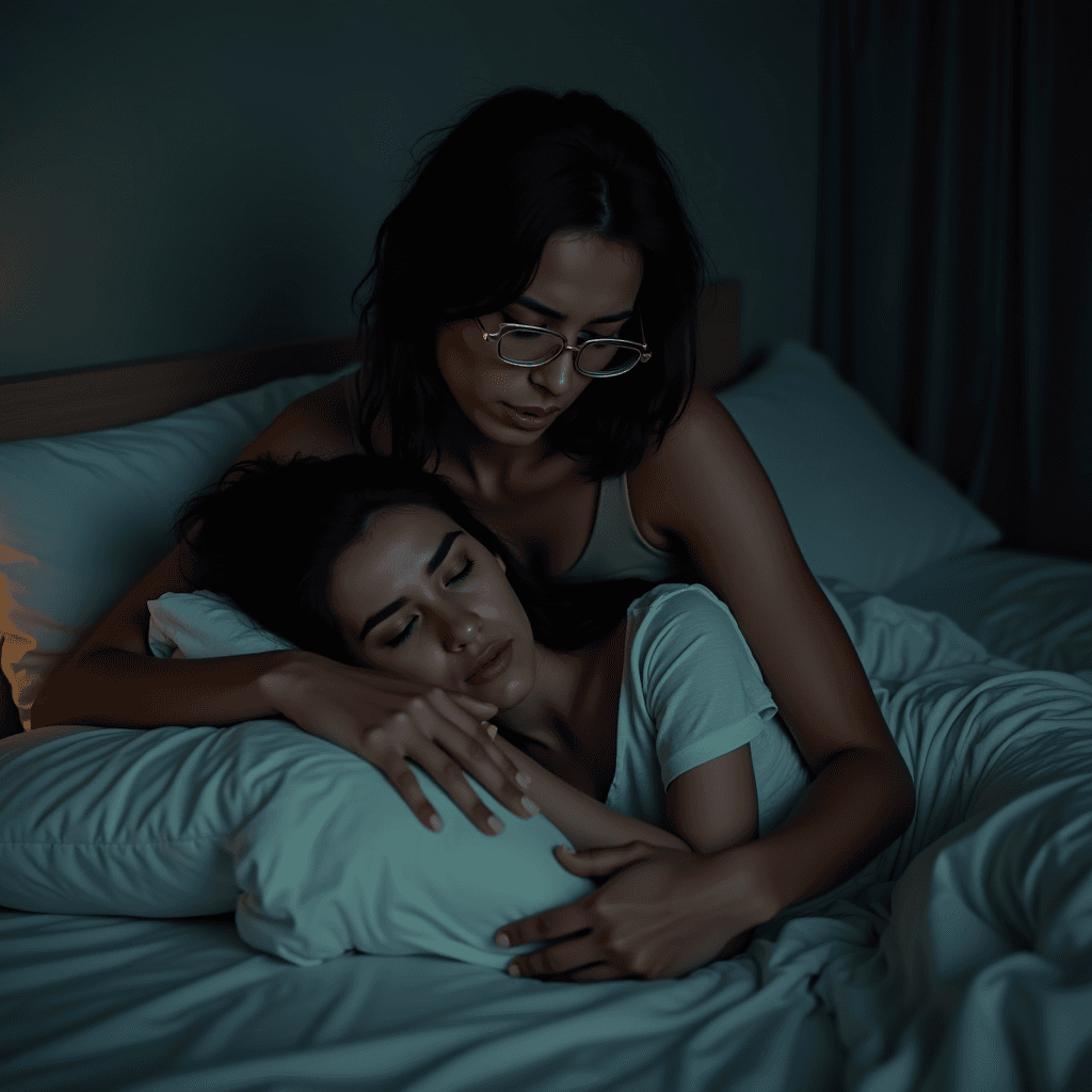 A cozy scene of two people embracing each other in bed, exuding warmth and comfort.