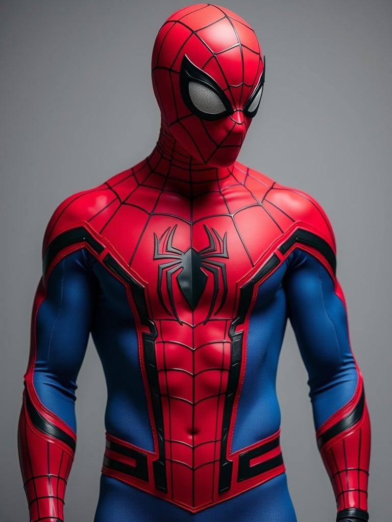 Generate a costume inspired by spider motifs. Dominant colors are bright red and blue. Superhero aesthetic is present. Fabric has bold textures for visual interest. Suitable for cosplay or themed events. Focus is on costume details, not specific character features.