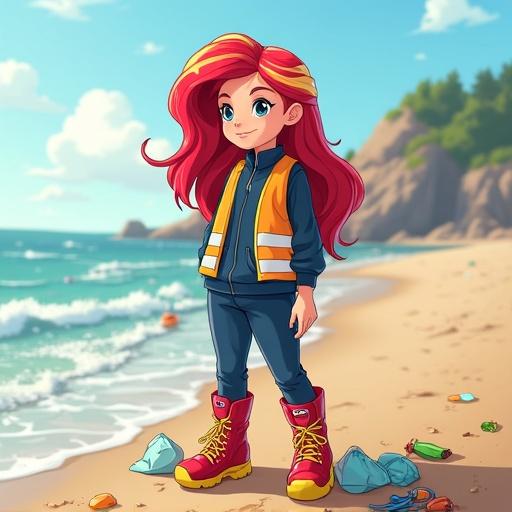 Sunset Shimmer on a school trip to the beach. Helping to pick up litter. She wears a hi-visibility vest. Dressed in navy-blue school tracksuit. Shiny red hiking boots. Beach setting with ocean and trees in background.