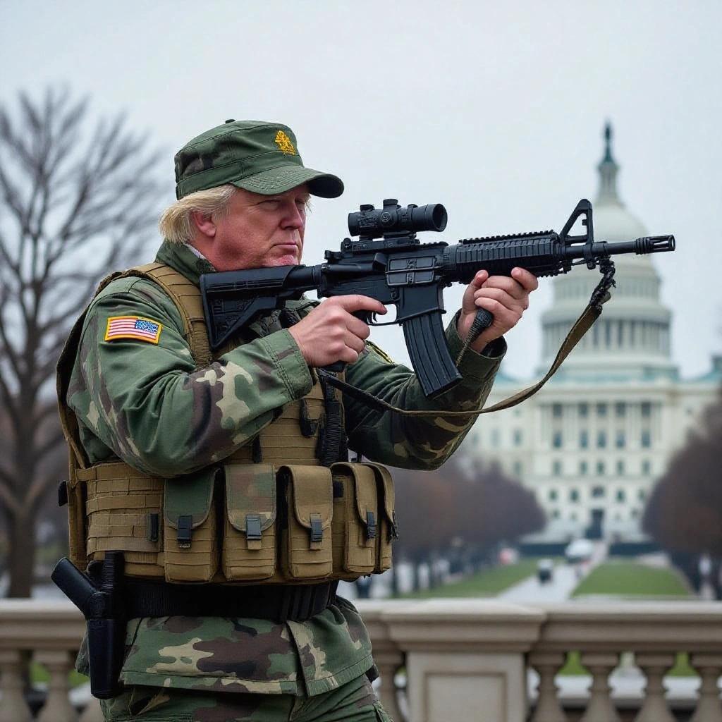 Donald Trump dressed in army attire holding a weapon in a shooting stance. The Capitol building is in the background. The scene conveys a mix of seriousness and military presence.