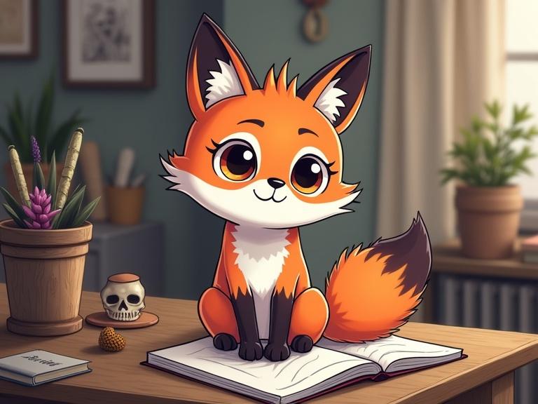 A cute fox character in Kawaii style is sitting on a desk. The fox has large expressive eyes and is fluffy with intricate details. The desk has items like a plant and a skull. The background shows a room with sunlight filtering through a window.