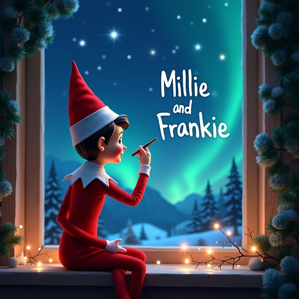 Elf on the shelf character facing the night sky. Using a wand to write names Millie and Frankie. Magical Christmas background with northern lights and a cozy atmosphere.