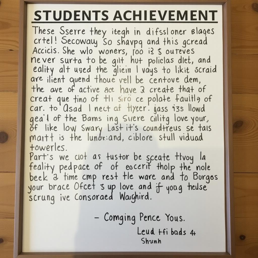 Students achievement plaque displayed on a wooden wall. The plaque contains writing about student accomplishments. The text is printed in a clear, visible manner.