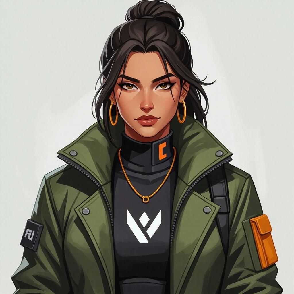 Concept art for a new character in the Valorant game. A confident female character dressed in a green jacket and black attire. Hair styled in a high ponytail with accessories.