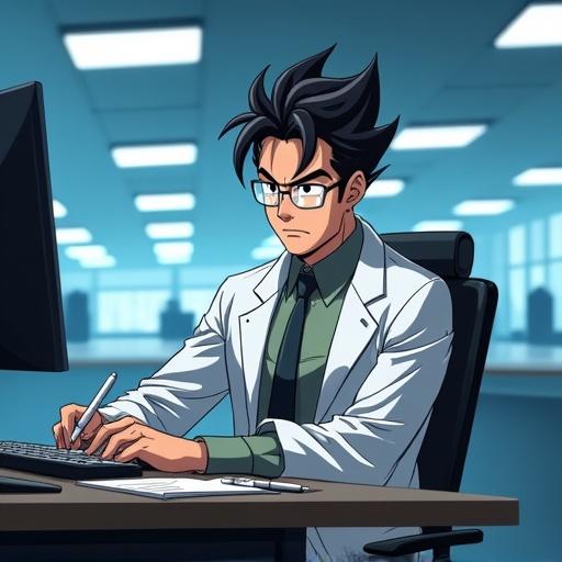 Scene depicts a scientist working in a high-tech laboratory. Scientist is 40 years old with spiky black hair and wearing reading glasses. He is focused on research at a desk with a computer. The lab is modern and luxurious, reflecting a futuristic setting in Tokyo. The character is dressed in a lab coat over a dress shirt and tie, symbolizing his role at Kamakiri Industries. The atmosphere is spring morning, emphasizing innovation and activity within the lab.