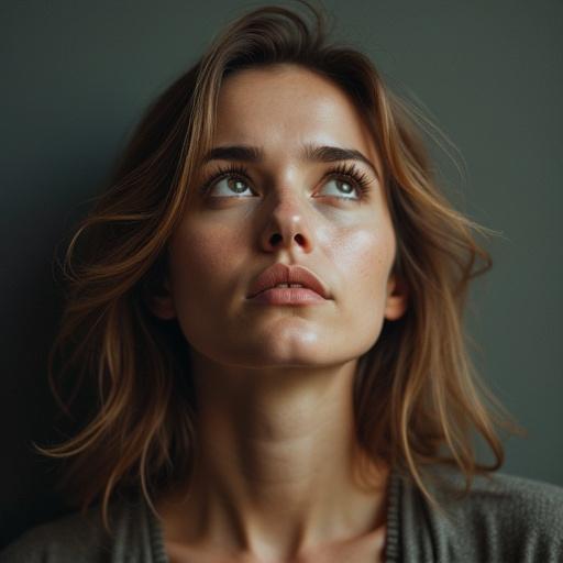 Woman gazes upwards with wonder and curiosity. Expression reflects awe. Soft lighting enhances her features. Background is muted and neutral. Hair is flowing and natural.