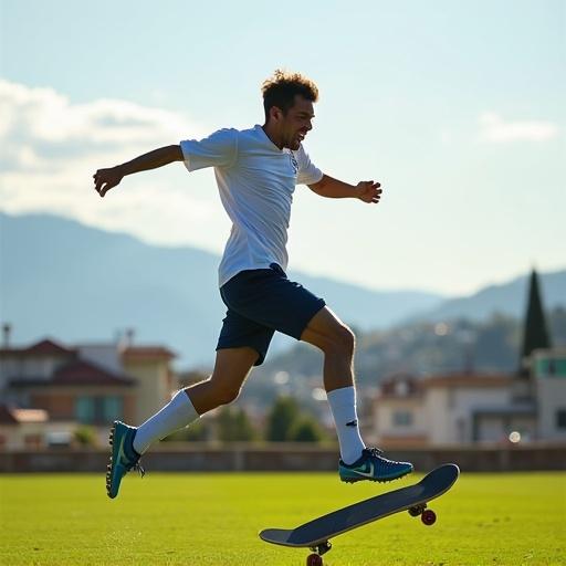 A soccer player celebrates victory by jumping in the air with a skateboard. Urban rooftops and mountains appear in the background.
