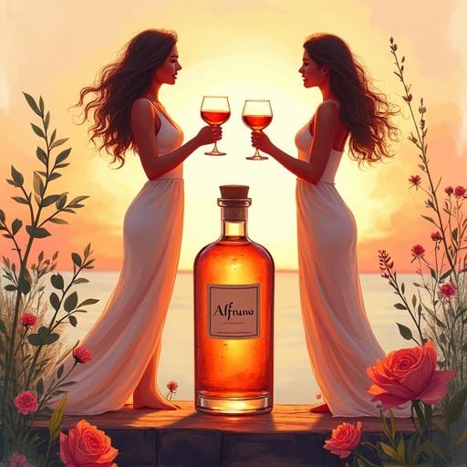 Two women toasting with cocktail glasses. They wear light silky dresses in a sunset. A lower bottle labeled 'ALFRUNO' is on a wooden surface. The scene has roses and wildflowers for decoration. It represents relaxation and indulgence in a modern garden setting.