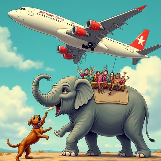 Surreal humorous scene with a strong dog lifting an elephant with one paw. The elephant balances a large airplane on its back holding it with both hands. Passengers inside the airplane look out in shock and amazement. Bright clear background with exaggerated cartoonish expressions. Colorful and whimsical style.