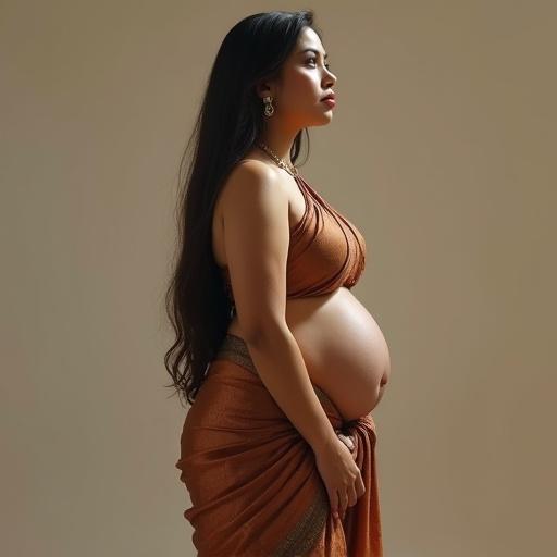 Portrait of a woman with a noticeable hourglass figure. Firm bust and slim waist. Woman has long hair and wears a saree. Soft lighting emphasizes her silhouette.