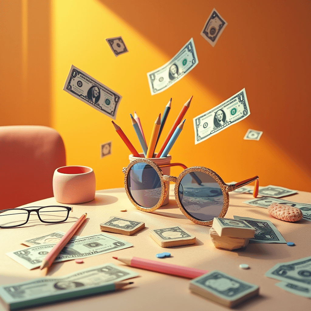 Sunglasses and pencils on a table surrounded by floating dollar bills.