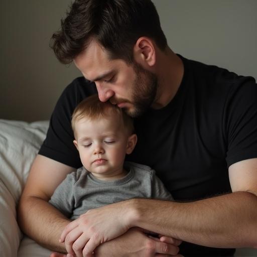 A man wearing a black t-shirt sitting with his son. The man holds the child while he naps. The setting is calm and intimate with soft colors and lighting.