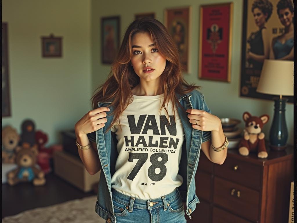 Young woman dressed in 80s style. Jeans and open waistcoat. T-shirt with VAN Halen - Amplified Collection - World Tour 78. Background has posters and stuffed animals. Photo with poor lighting and dull colors. Lots of make-up. Captured in a Polaroid style.