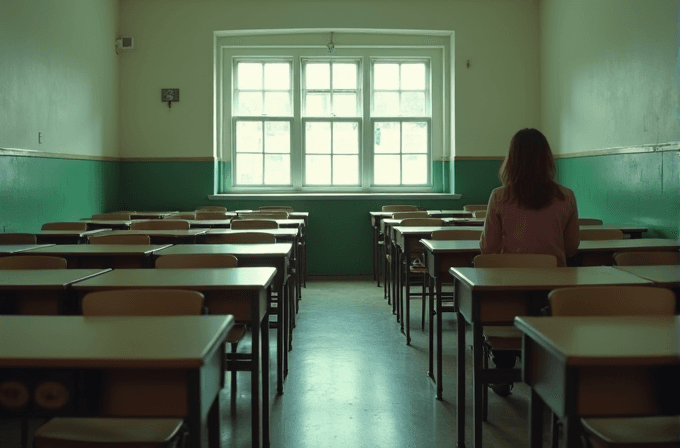 A person sits alone at a desk in an empty classroom, with sunlight streaming through the large window.