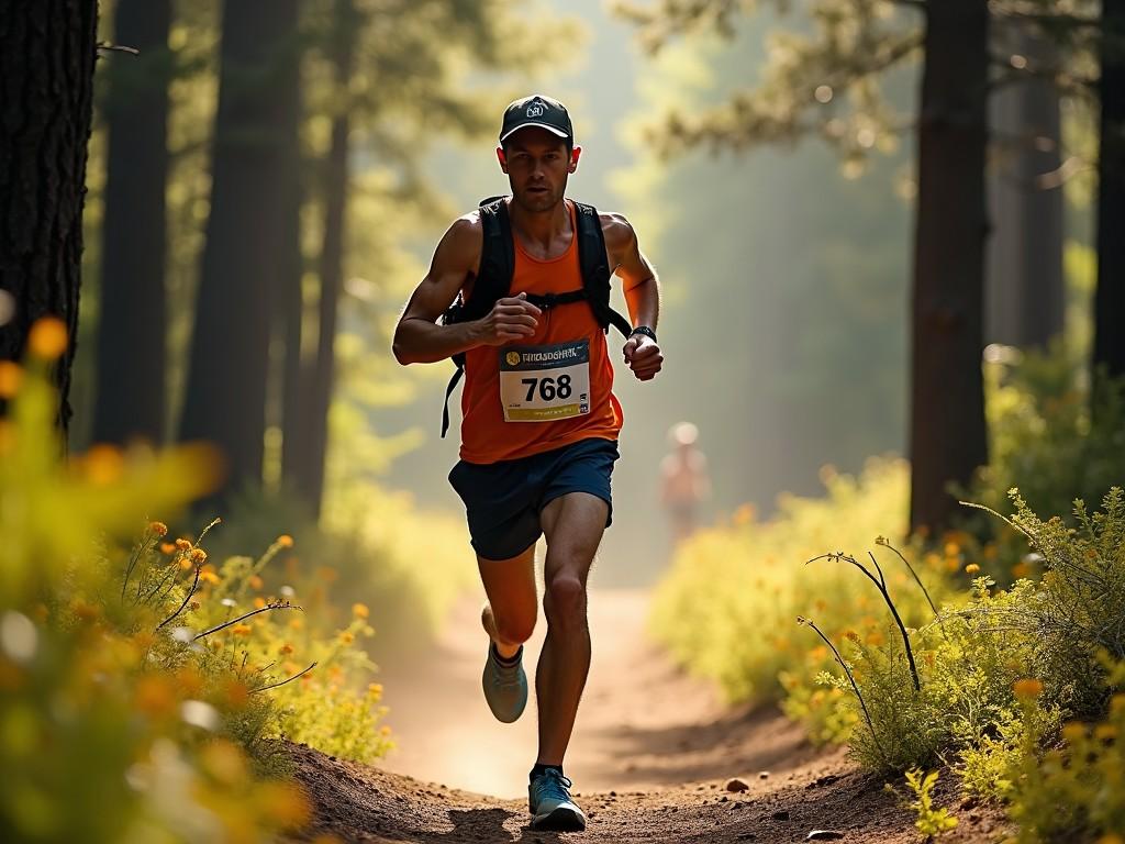 A runner in a forest participating in a trail running competition, wearing a numbered bib and sports attire, captured in a dynamic action pose with sunshine filtering through the trees.