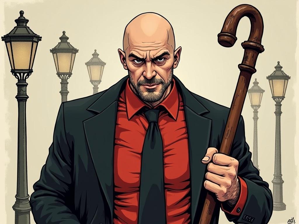 This image features a bald man around 40 years old, dressed in an open black suit, a striking red shirt, and a black tie, giving a sharp and commanding presence. He grips a distinctive cane with a dice-shaped handle, embodying a sense of trickery and flair. His facial expression exudes malice with a slight smile at the corner of his mouth, suggesting cunning and advice. The background is reminiscent of an urban setting, adorned with vintage lampposts that enhance the character's imposing stature. The overall style is sketchy and hand-drawn, emphasizing the character's unique design.