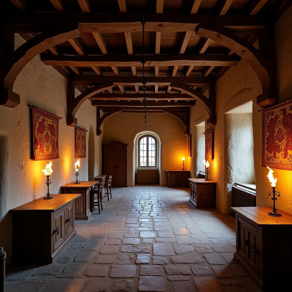 The image showcases the interior of a 15th-century castle. It features arched wooden beams and elegant torch sconces illuminating the stone walls. The warm lighting creates an inviting atmosphere even in this historical setting. The furniture is rustic yet refined, arranged symmetrically along the walls. The floor is made of large stone tiles, reflecting the historical significance of the space. Overall, it is a well-preserved representation of medieval architecture and design.