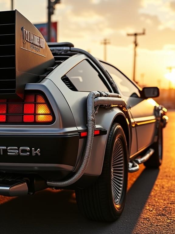 Hyperrealistic vertical photo of DeLorean DMC-12 time machine. Viewed diagonally from front-left side. Gullwing doors are closed. Features stainless steel body with realistic reflections. Flux capacitor glows faintly inside. Mr. Fusion reactor on the back. Hover conversion details under chassis. Scene shows soft golden sunset light. Cinematic tone and ultra-sharp focus. 9:16 format.