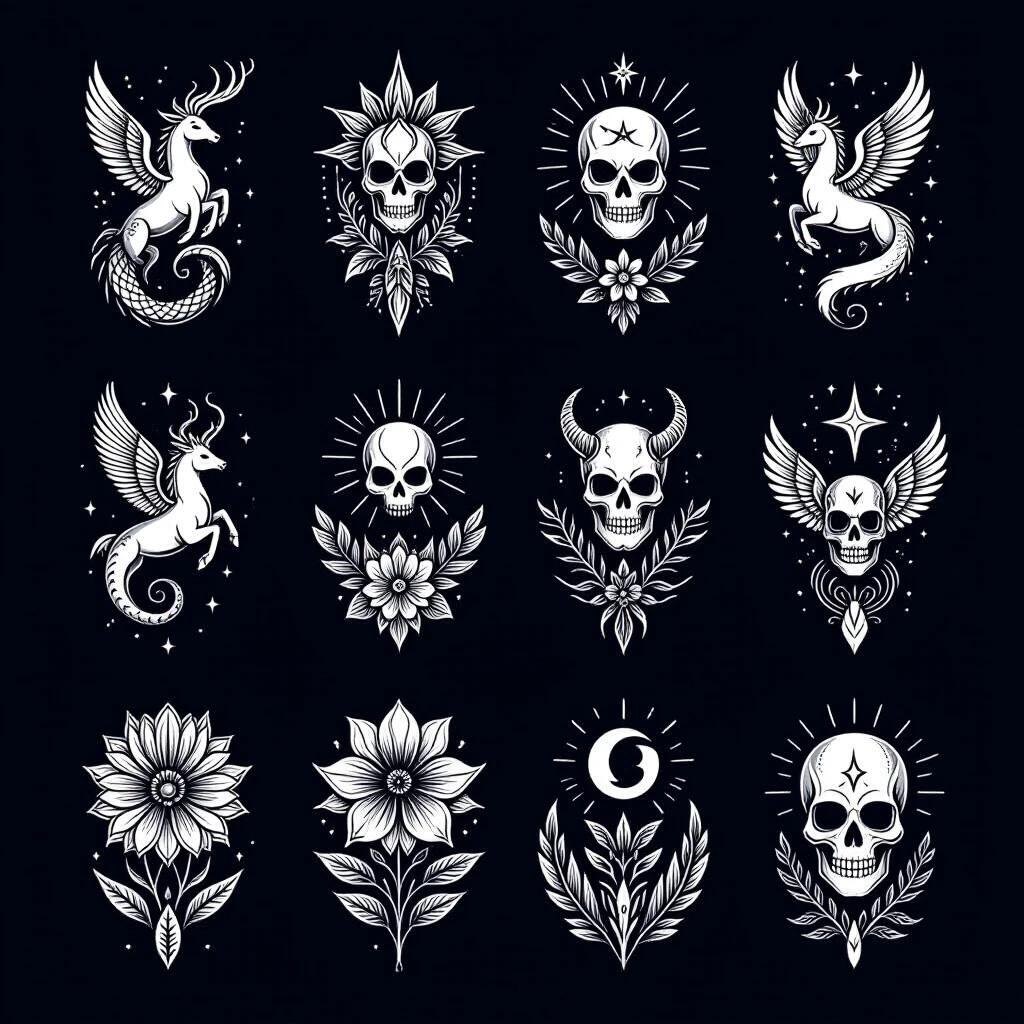 Flash tattoo sheet features various fantasy images. The designs include horses, skulls, flowers, and other iconic elements. Focus is on thick black and white lines. Suitable for tattoo enthusiasts and artists. Arranged in a grid layout on a dark background.