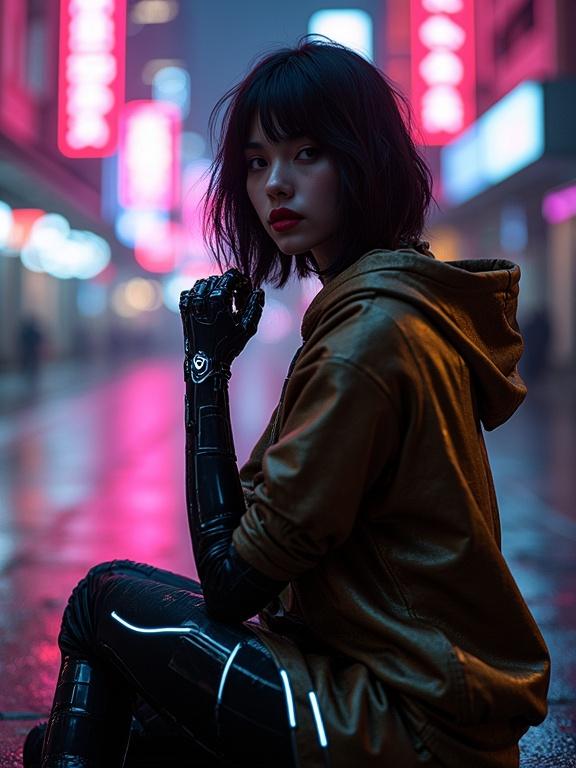A captivating woman with dark hair and sharp features wears an oversized black and gold hoodie. The hoodie drapes off one shoulder revealing glowing neon lines. The right hand is a glowing cybernetic prosthesis with pointed nails. The scene is set in a blurred cyberpunk city skyline. Ambient neon lighting creates a strong bokeh effect. Digital art style with high detail and cinematic lighting.