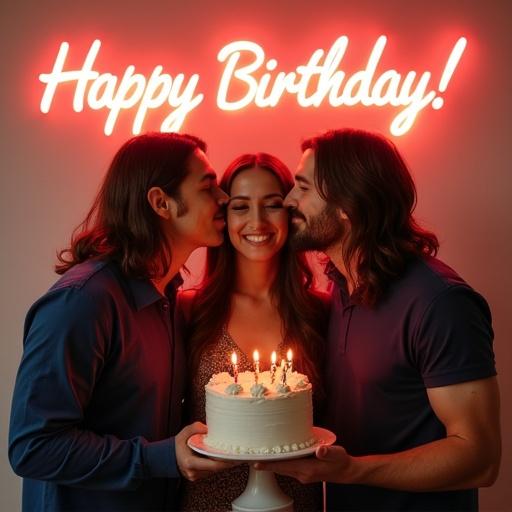 Trio holding a cake together. Two men kissing a woman on the cheeks. They all have long hair. Smiles on their faces. Neon 'Happy Birthday!' sign in the background.