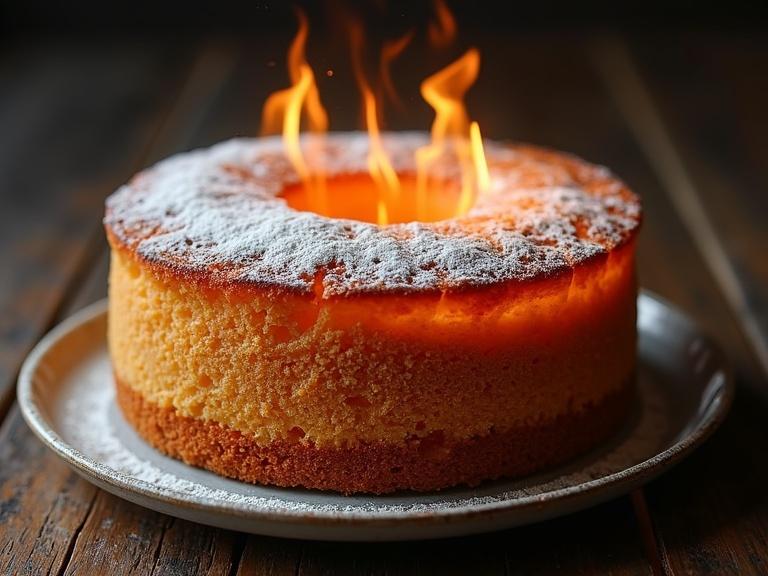 A realistic depiction of a cake with burnt edges. The cake has a warm glow and features flames on top. Textures are detailed and appetizing.