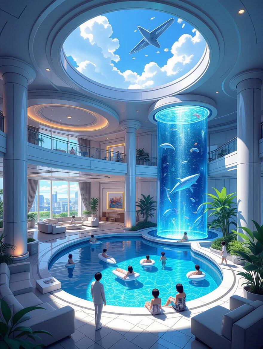 An oversized luxurious galactic yakuza mega mansion in Tokyo. Interior features a modern swimming pool and a tall aquarium with marine life. Morning light fills the space. A serene atmosphere with guests enjoying the ambiance.