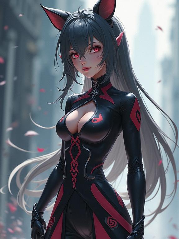 Character inspired by Warframe anime style. Focus on a female figure in a sleek, black and red suit with fantasy elements. Background features a blurred urban setting with falling petals.