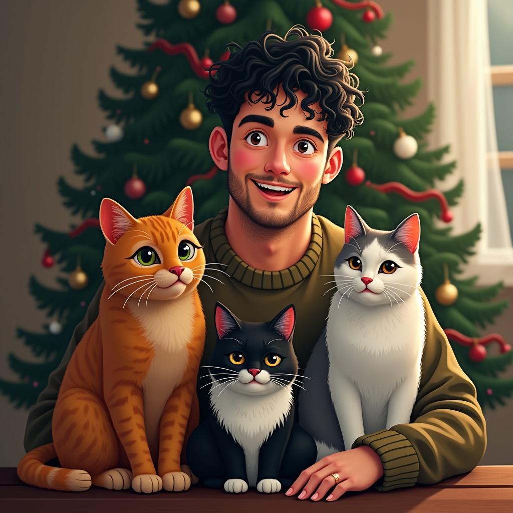 Design a scene featuring man sitting in front of Christmas tree with three cats. The man is 38 years old, has curly black short hair with grey hair. One cat is orange tabby, second is tuxedo cat with black spot on nose, third is white and grey cat.