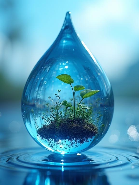 A blue orb drop filled with plants showcases a miniature ecosystem. The drop floats against a blurred blue sky. Represents water's vital role in sustaining life. Magnified view highlights details within the drop. Exquisite and shiny appearance.