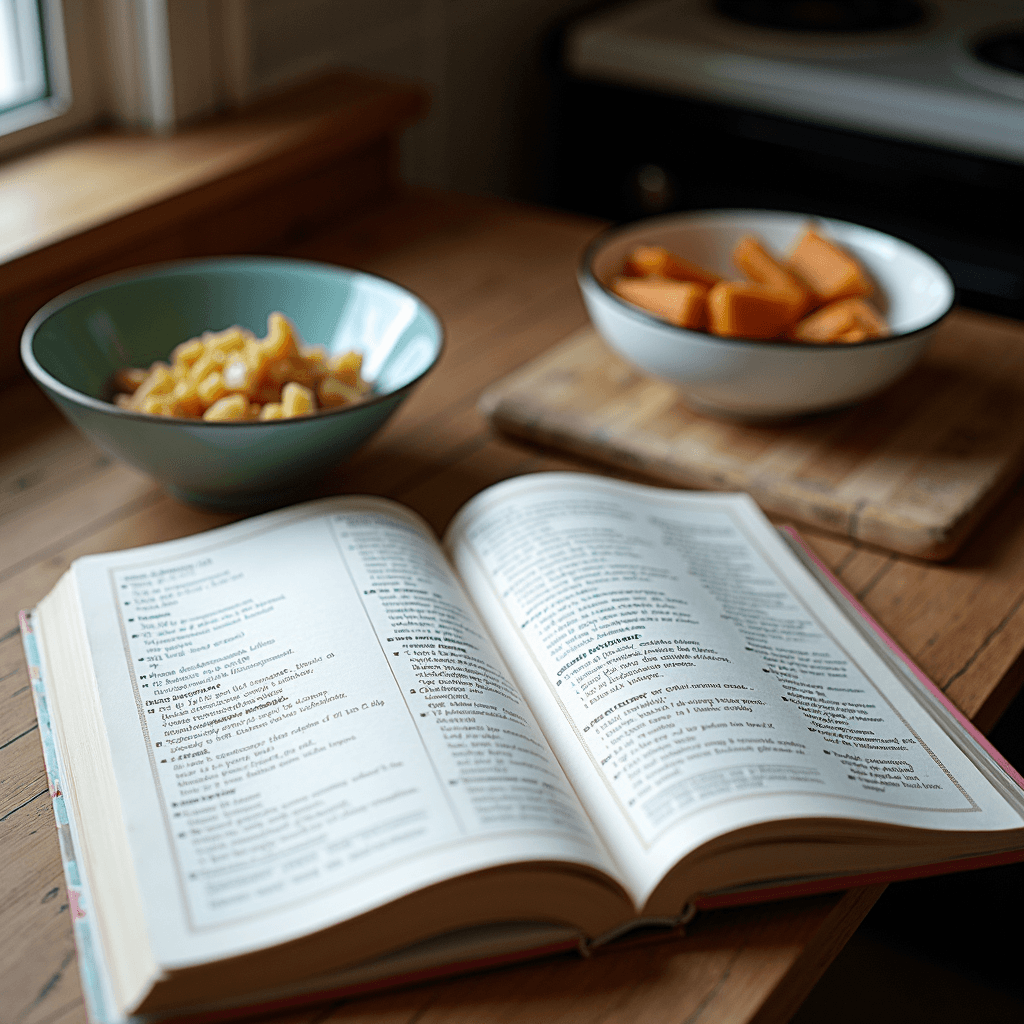 A cozy kitchen scene with an open cookbook, a bowl of macaroni, and a bowl of vegetables.