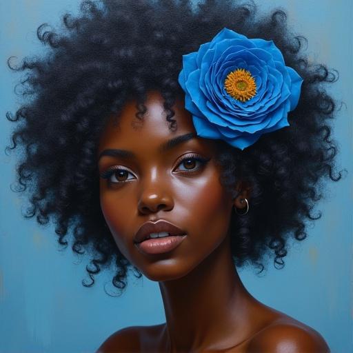 Painting depicting a black woman with curly hair adorned with a blue rose against a light blue background.