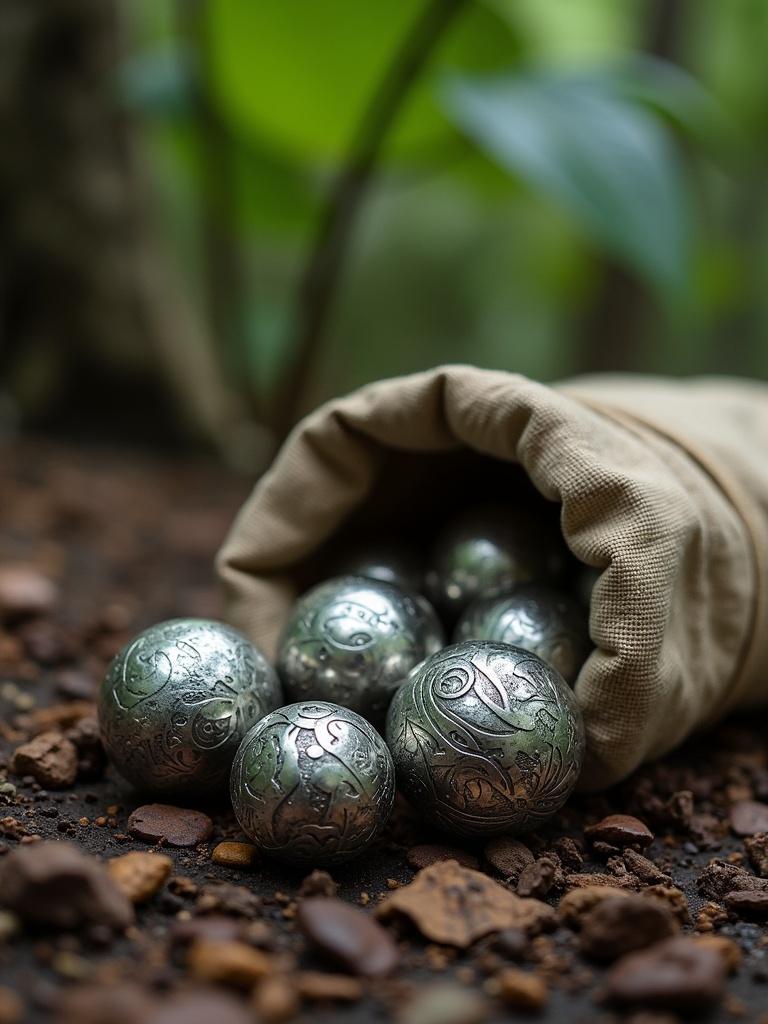 Hyper-realistic marbles made of anodized sterling silver with etched Polynesian patterns. Spilling out of a worn sack made of light brown canvas. Setting on a forest floor in the Amazon jungle.