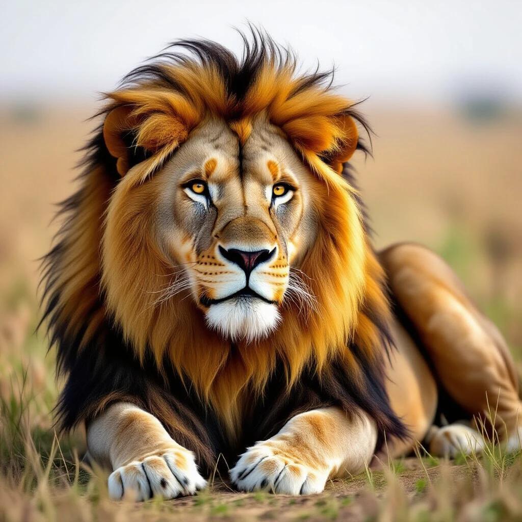 Close-up of a lion resting in a grassy field. The lion has a vibrant mane and a fierce expression. Background is blurred suggesting a natural habitat.