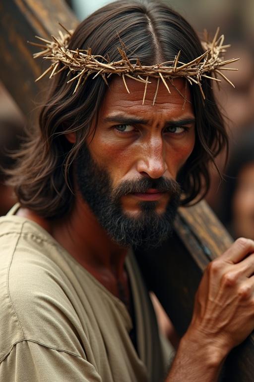 Close-up image of Jesus wearing a crown of thorns. He has shoulder-length hair and a neat beard. His face shows sadness with mournful eyes. He carries a heavy wooden cross on his shoulder. He wears a plain robe. The background is blurred with figures. Light and shadows are beautiful. The colors are bright and vivid. High definition with a perfect composition.