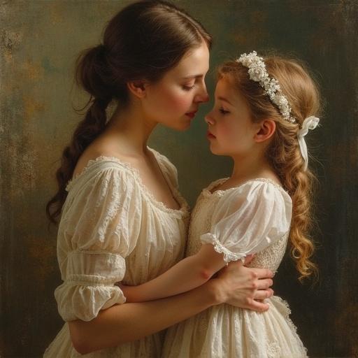 Mother and daughter embracing each other intimately with soft expressions. Clothing reflects 1900s style. Background has a vintage texture. Painting style embodies warmth and tenderness.