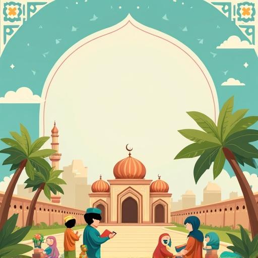 A cheerful Islamic themed summer camp poster for children. Scene has a mosque, palm trees and traditional architecture. Children playing or reading under a tree or tent wearing modest clothing. Faces are blank to align with Islamic art style. Soft cartoon-like design with bright colors. Subtle Islamic patterns in borders. Blank area for Arabic text.