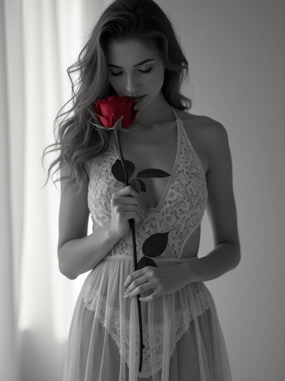 A woman with porcelain skin and delicate features dressed in a flowing gown holds a red rose. She gazes downward with an introspective expression. The background is soft with a gradient. The style reflects film noir and dreamlike photography. High-contrast black and white image with deep shadows and highlights.