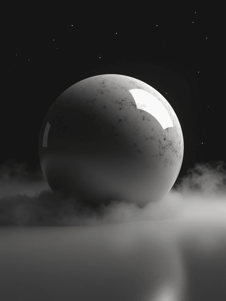 A large, reflective sphere resting on a smooth, misty surface under a starry night sky.