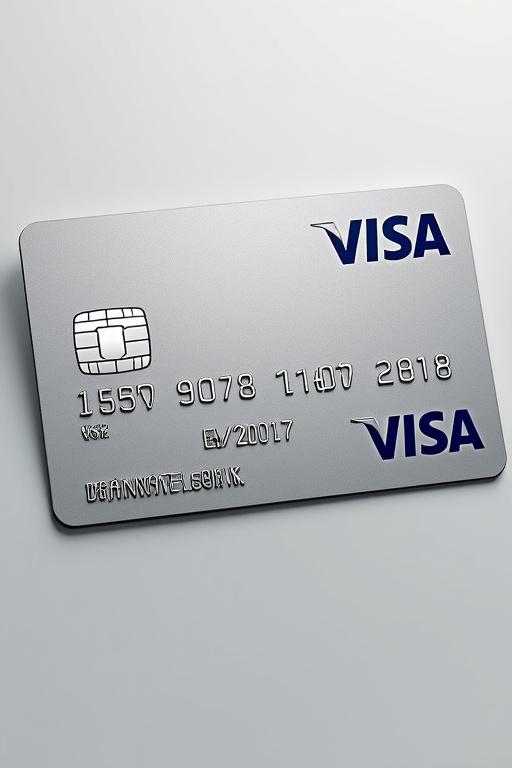 Realistic depiction of a credit card with modern design Visa logo prominently featured. Cardholder name shown clearly. Expiry date August 2027 included. Silver background with bold black text.