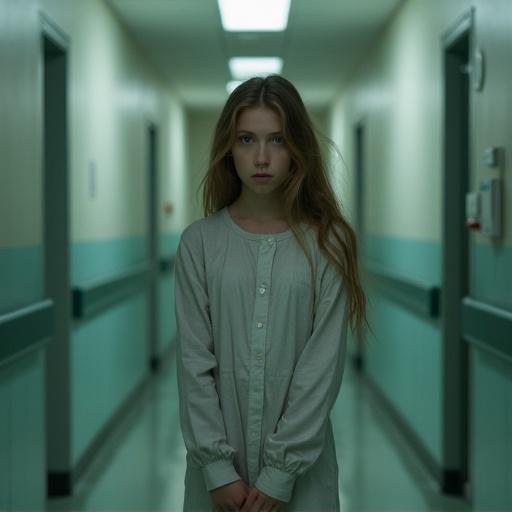 Portrait of a girl in a psychiatric hospital corridor. The girl has long hair and is wearing a light-colored shirt. The setting features a long, narrow corridor with muted tones and soft light.