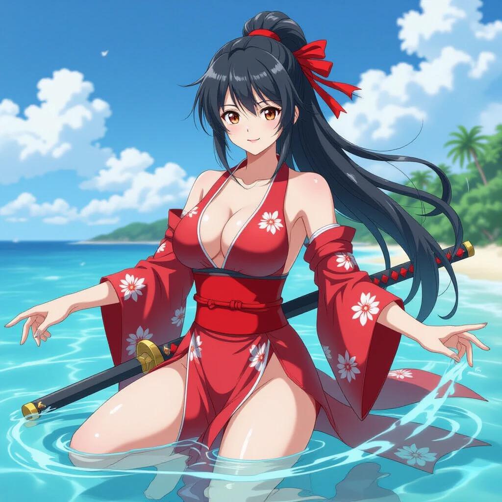 Character from anime franchise in a red kimono with flowers. Standing in water. Beach setting with bright sky. Holding a sword. Long black hair with red accessories.