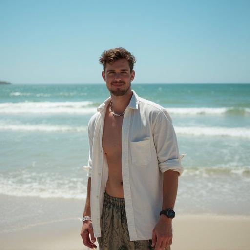 A man stands on the beach with ocean waves behind. He wears a casual outfit.