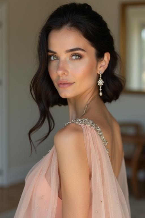 Model wearing an elegant dress for a sunset wedding. Dress features flowing skirt and chiffon material. Model has long black hair and light green eyes. Makeup is natural. Jewelry is subtle. Hair styled in a semi-updo with a full view of the outfit.