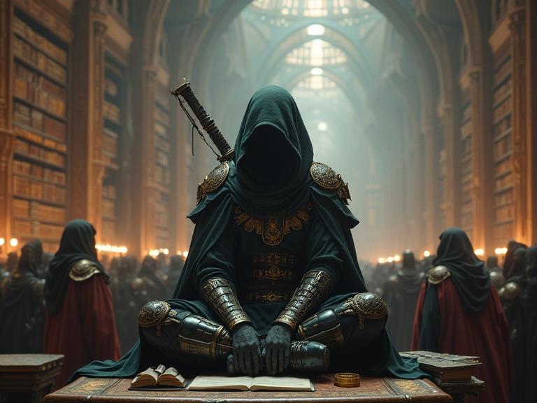 A fantasy-themed scene set in a vast ancient library with rich details. The scene is bustling with many robed figures. A cybernetically enhanced warrior is seated on a desk in a resting position and gesturing towards the camera. The atmosphere is illuminated by a soft glow.