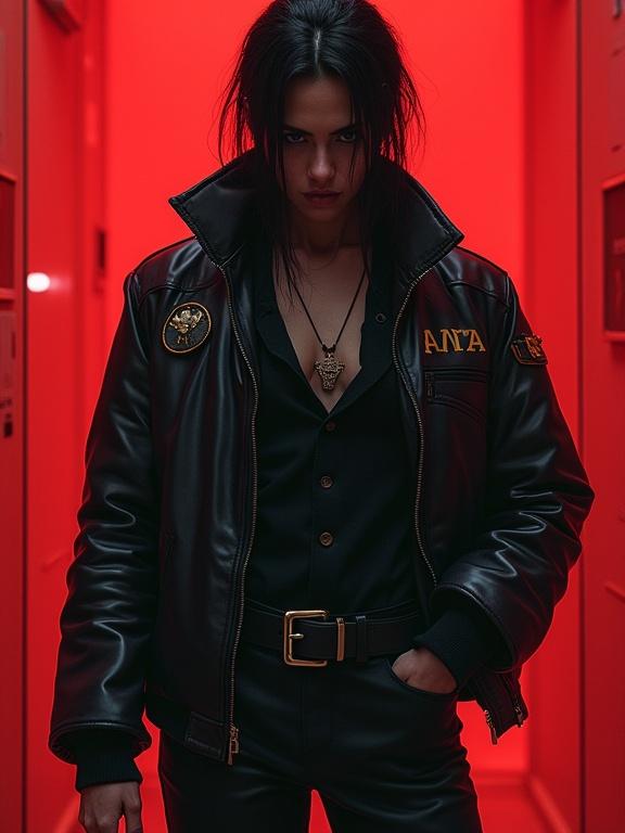 Cyberpunk theme featuring a female dressed as a mafia boss. She wears a leather jacket and dark fitting clothes. The background is glowing red. The image has intricate details and a cinematic style.