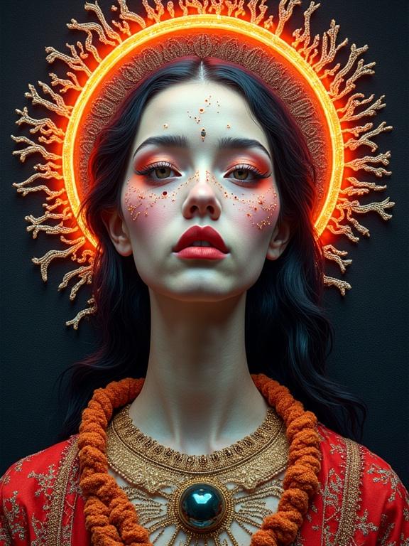 A surreal portrait showcasing a female saint with a striking neon halo. The artwork merges molecular structures with exploded assembly techniques. Traditional needlework details accentuate the subject's appearance. The overall design is inspired by Eiko Ishioka's artistic vision.