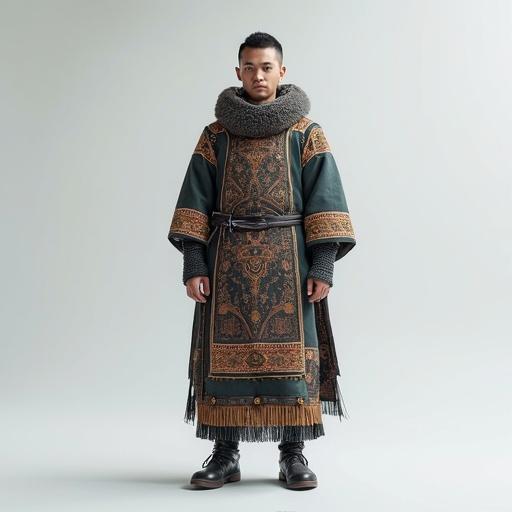 Futuristic male wearing a traditional-inspired costume. Costume features intricate ethnic ornaments and designs. Visualized in a concept art style with CGI rendering techniques. Model has neutral expression and stands in full-length pose. Background is a minimalist solid color with soft gradients. Attention to detailed textile patterns is highlighted. No helmet or headgear present.